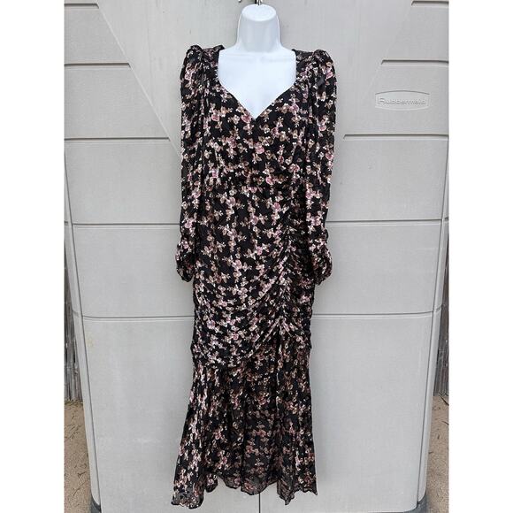 ASTR The Label Dark Floral Puff Sleeves Burntout Velvet Ruched Midi Dress Sz L - Picture 4 of 16